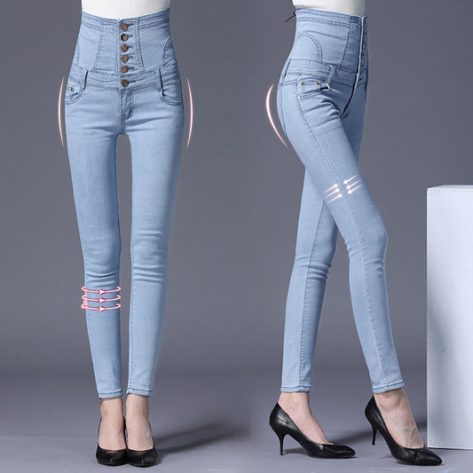 【ハイウエストスキニーパンツ】ハイウエストスキニーデニムパンツ 脚が一瞬で細く長くなる